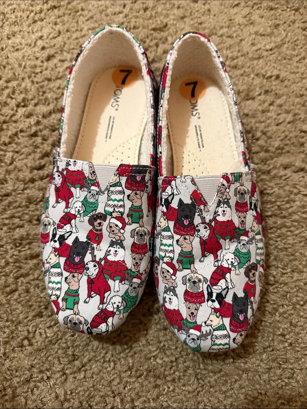 TOMS Classic Alpargata Holiday Sweater Dogs Slip On Flats Size 7